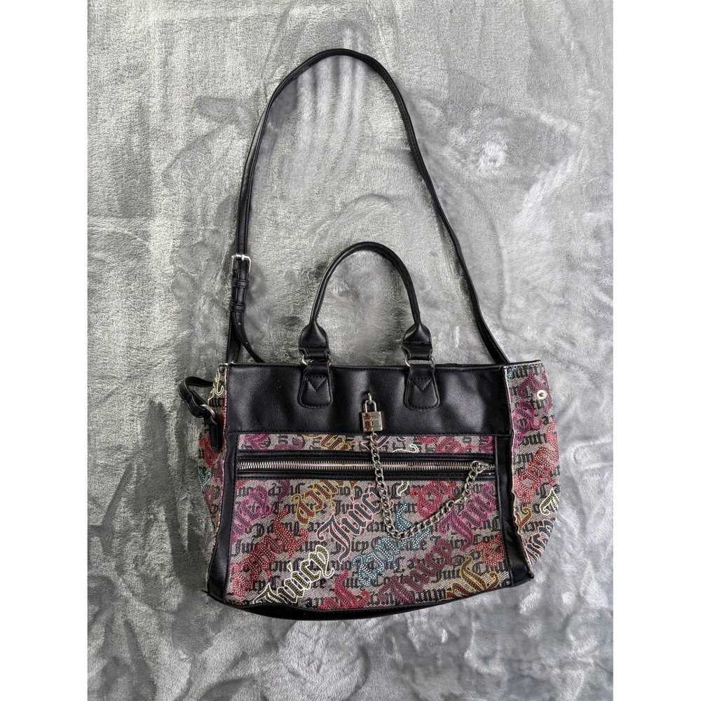 Juicy Couture Monogram Satchel Handbag Black Canvas Y2K Gothic Crossbody Bag
